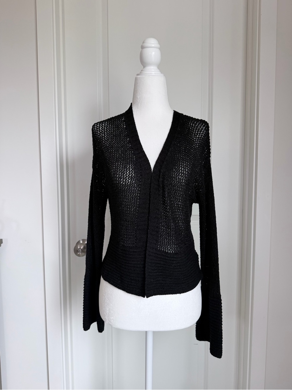Black Open-Knit V-Neck Women's Sweater